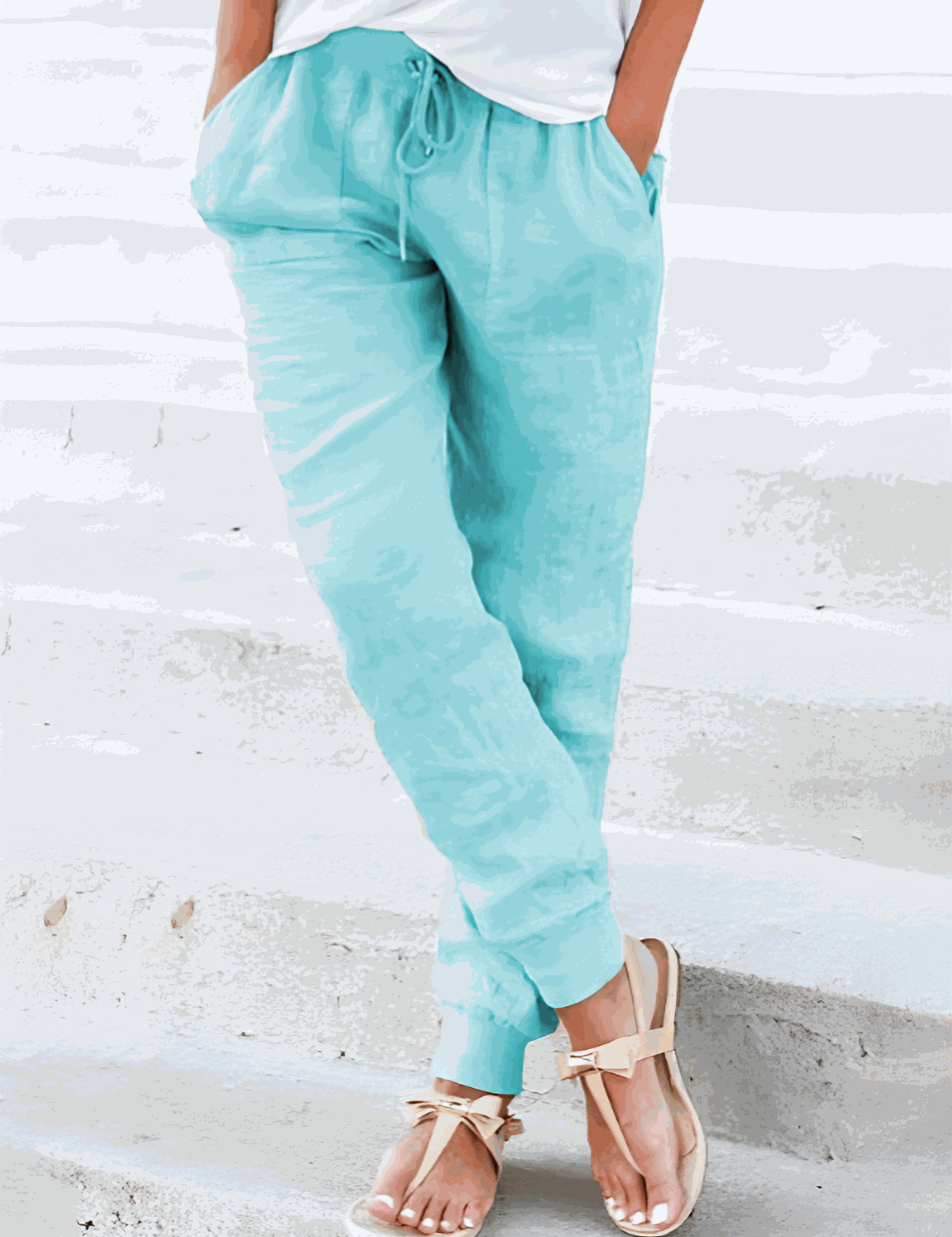 Eloïse Cartmonde | Beige Linen Drawstring Jogger Pants with Elastic Ankle Cuffs