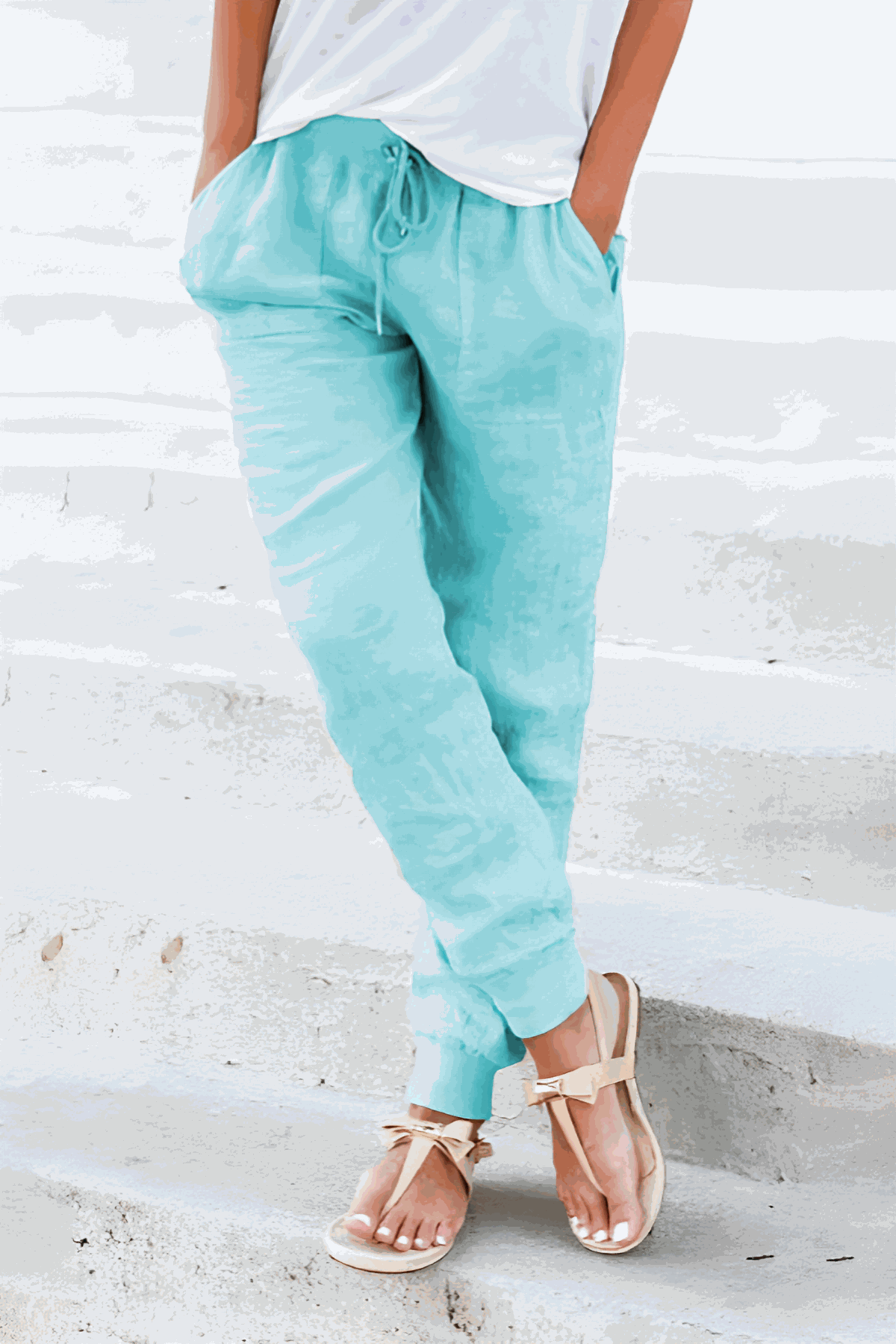 Eloïse Cartmonde | Beige Linen Drawstring Jogger Pants with Elastic Ankle Cuffs