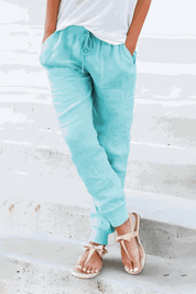 Eloïse Cartmonde | Beige Linen Drawstring Jogger Pants with Elastic Ankle Cuffs