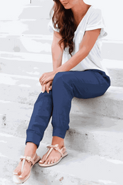 Eloïse Cartmonde | Beige Linen Drawstring Jogger Pants with Elastic Ankle Cuffs