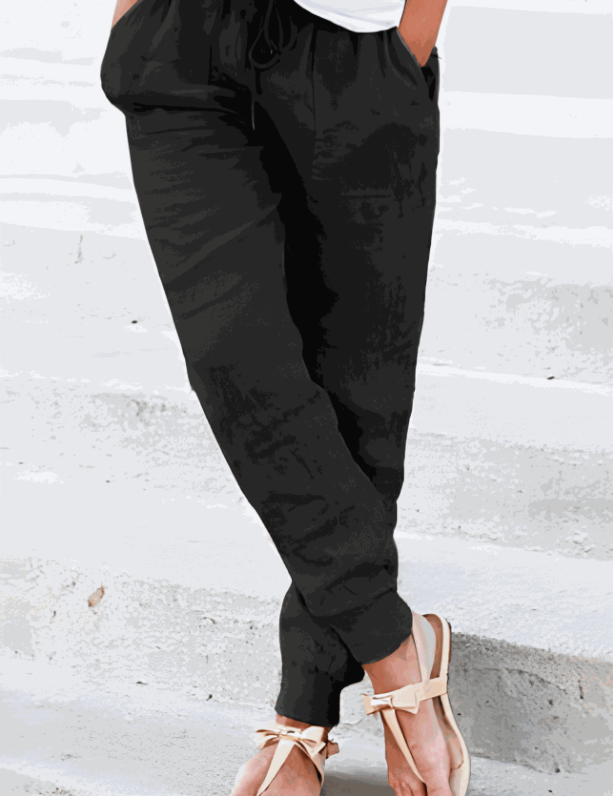 Eloïse Cartmonde | Beige Linen Drawstring Jogger Pants with Elastic Ankle Cuffs