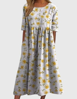 Célimène Fairgrove | Blue Floral Midi Dress with Half Sleeves