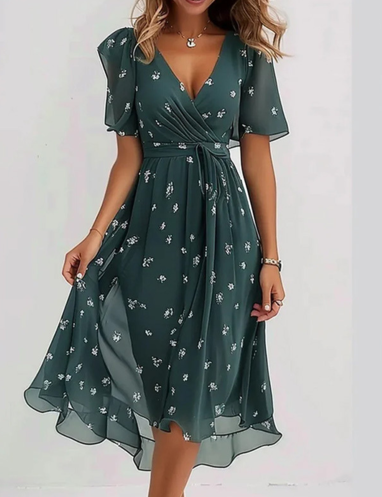 Estelle Ravenclair | Floral Chiffon Midi Wrap Dress with Flutter Sleeves