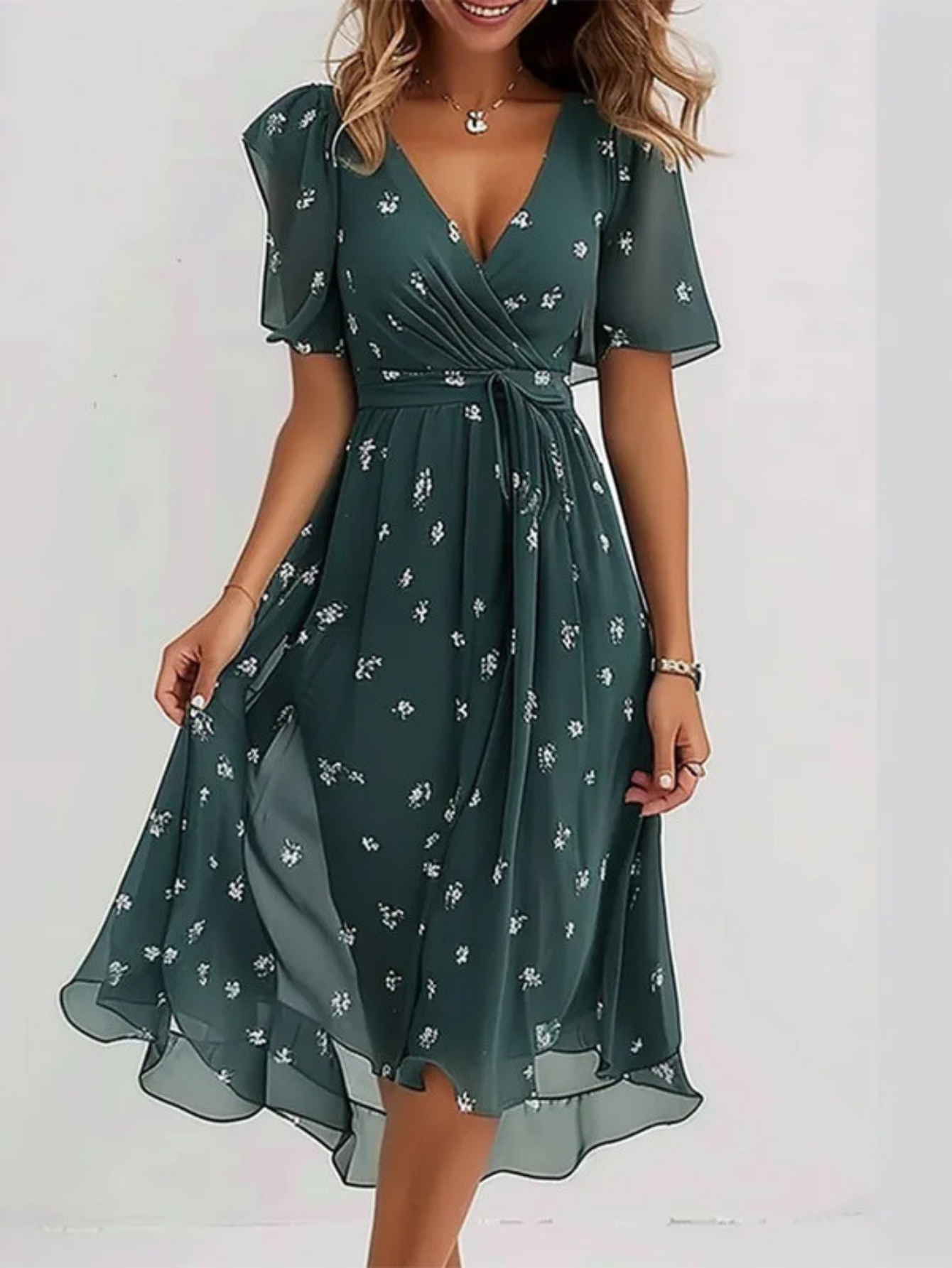 Estelle Ravenclair | Floral Chiffon Midi Wrap Dress with Flutter Sleeves