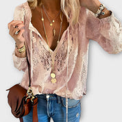 Celestine Fairgrove | White Lace V-Neck Blouse with Flared Sleeves