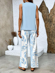 Sylvette Montcourt | Sleeveless Layered Top & Leaf-Print Wide-Leg Pants Set