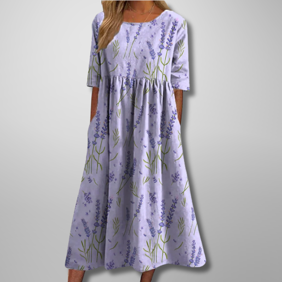 Aurelie Vosclaire | Blue Floral Midi Dress with 3/4 Sleeves