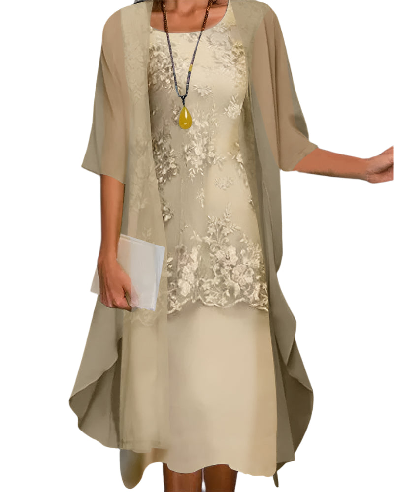 Marguerite Ashvale | Floral Lace Layered Sheer Sleeve Midi Dress