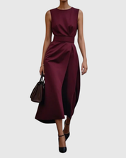 Isabeau Cavendish | Rust Brown Sleeveless Midi Dress with Waist Sash