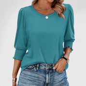 Corinthia Velbray | White Smocked Cuff 3/4 Sleeve Crew Neck Top