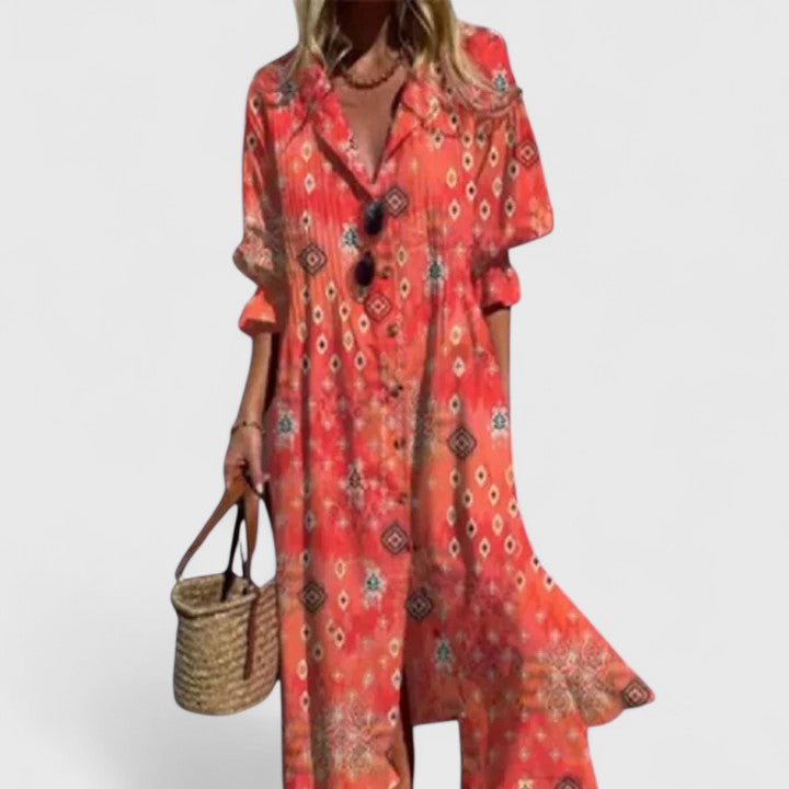 Théodeline Sancourt | Blue Leaf Print Boho Midi Shirt Dress