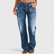 Cassandra Villemorin | Low Rise Distressed Straight Leg Jeans in Light Blue