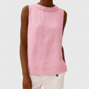 Isabelle Tournier | Sleeveless Linen Roll Collar Top in Blue