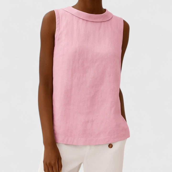 Isabelle Tournier | Sleeveless Linen Roll Collar Top in Blue