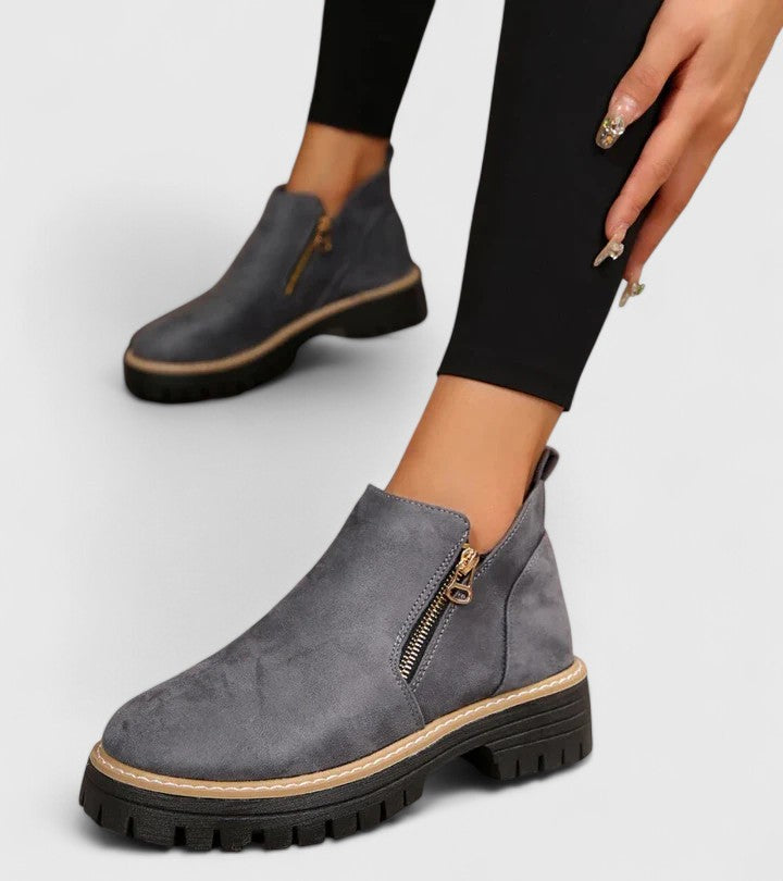 Elaine Fontverde | Black Suede Ankle Boots with Gold Zip