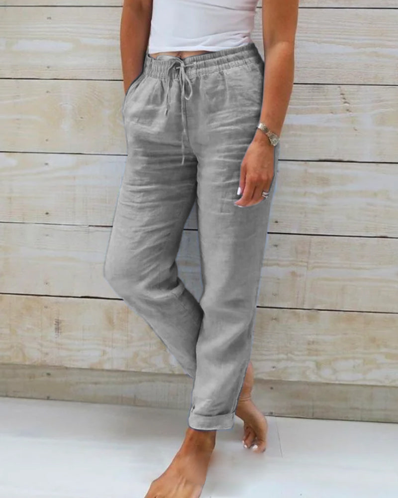 Florence Beauregard | Light Blue Linen-Cotton Drawstring Trousers