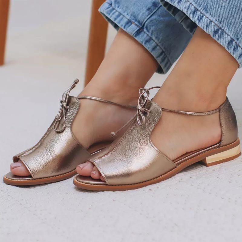 Serephina Valthorpe | Pewter Metallic Open-Toe Flat Sandals with Bow Strap