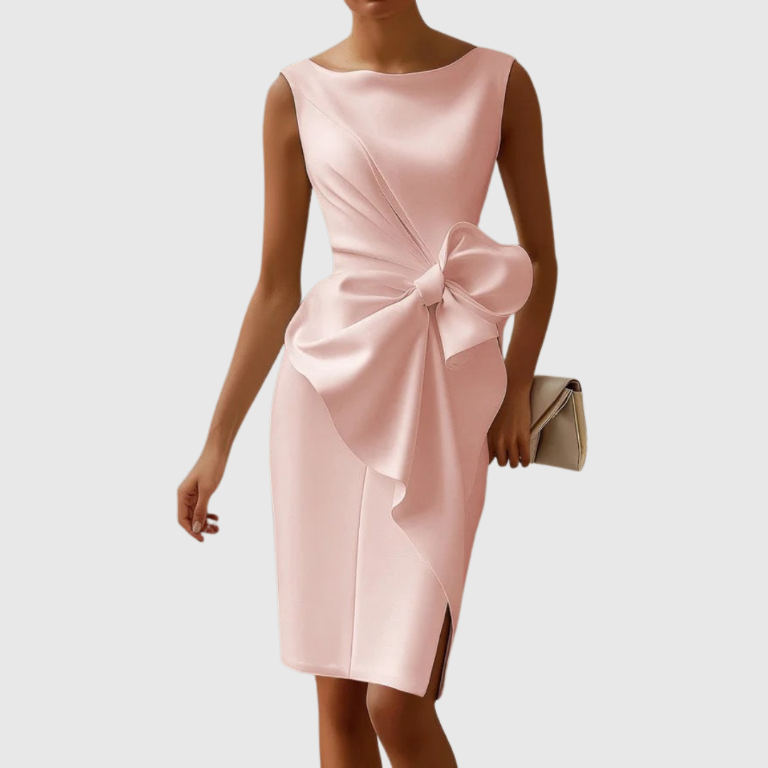 Aurienne Blackwell | Black Sleeveless Boat Neck Midi Dress with Bow