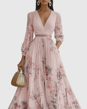 Édith Ravencombe | Floral Pleated Midi Dress with Deep V-Neck