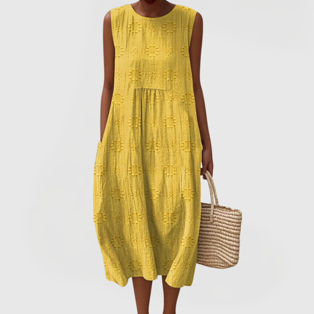 Mirabel Fontaineaux | Green Embroidered Sleeveless Midi Dress with Pockets