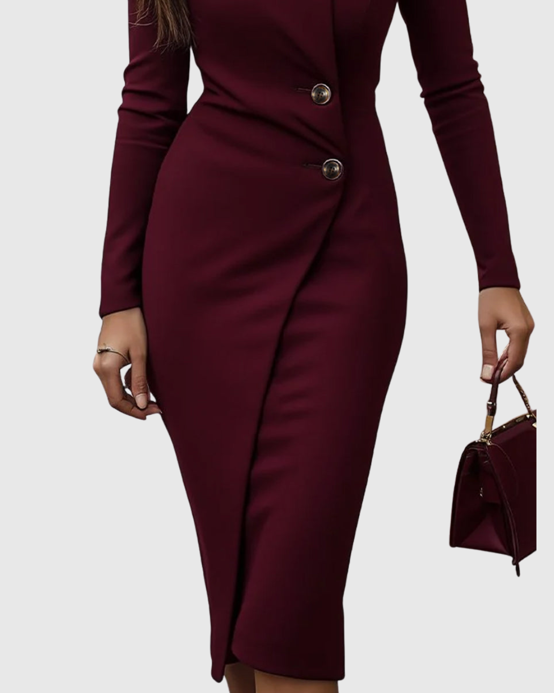 Genevra Ashcroft | Burgundy Long Sleeve V-Neck Midi Pencil Dress