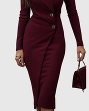 Genevra Ashcroft | Burgundy Long Sleeve V-Neck Midi Pencil Dress