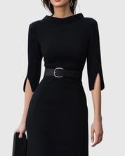 Vivienne Rochambeau | Classic Black Belted Midi Dress