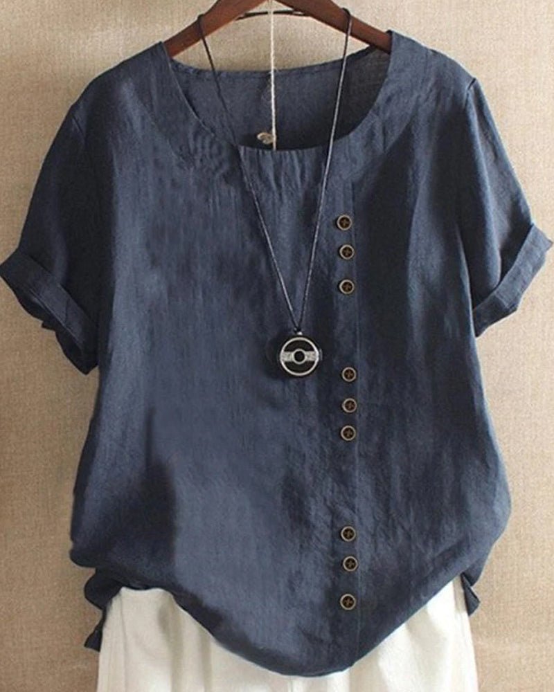 Margot Villeneuve | Pink Linen Button Front Crew Neck Short Sleeve Top