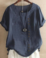 Margot Villeneuve | Pink Linen Button Front Crew Neck Short Sleeve Top