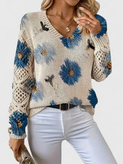 Rosalinde Fonteclair | Floral Knit V-Neck Sweater with Lace Sleeves
