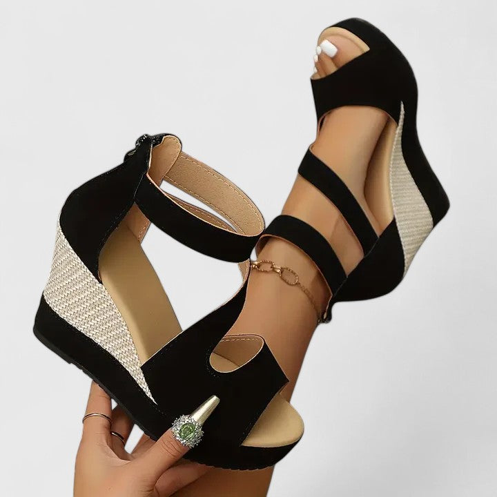 Céleste Wyndmoor | Black Wedge Sandals with Elastic Straps