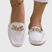 Elspeth Montrouge | White Flat Loafers with Gold Chain Detail
