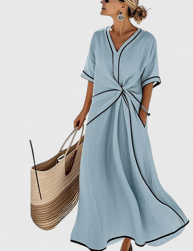 Margaux Saintclaire | Beige V-Neck Twist Waist Maxi Dress