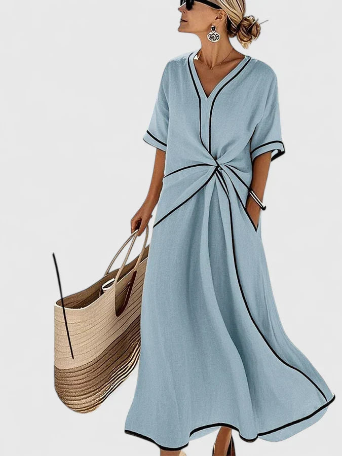 Margaux Saintclaire | Beige V-Neck Twist Waist Maxi Dress