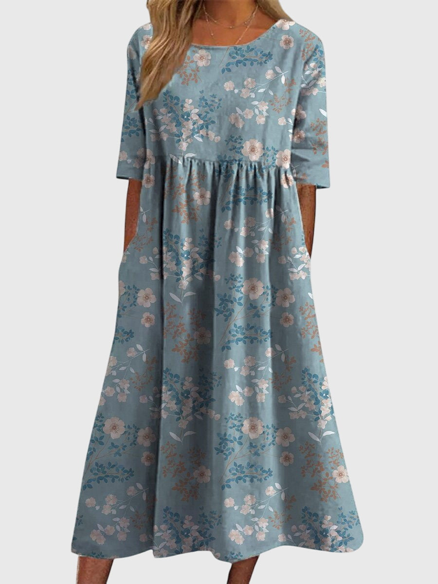 Célimène Fairgrove | Blue Floral Midi Dress with Half Sleeves
