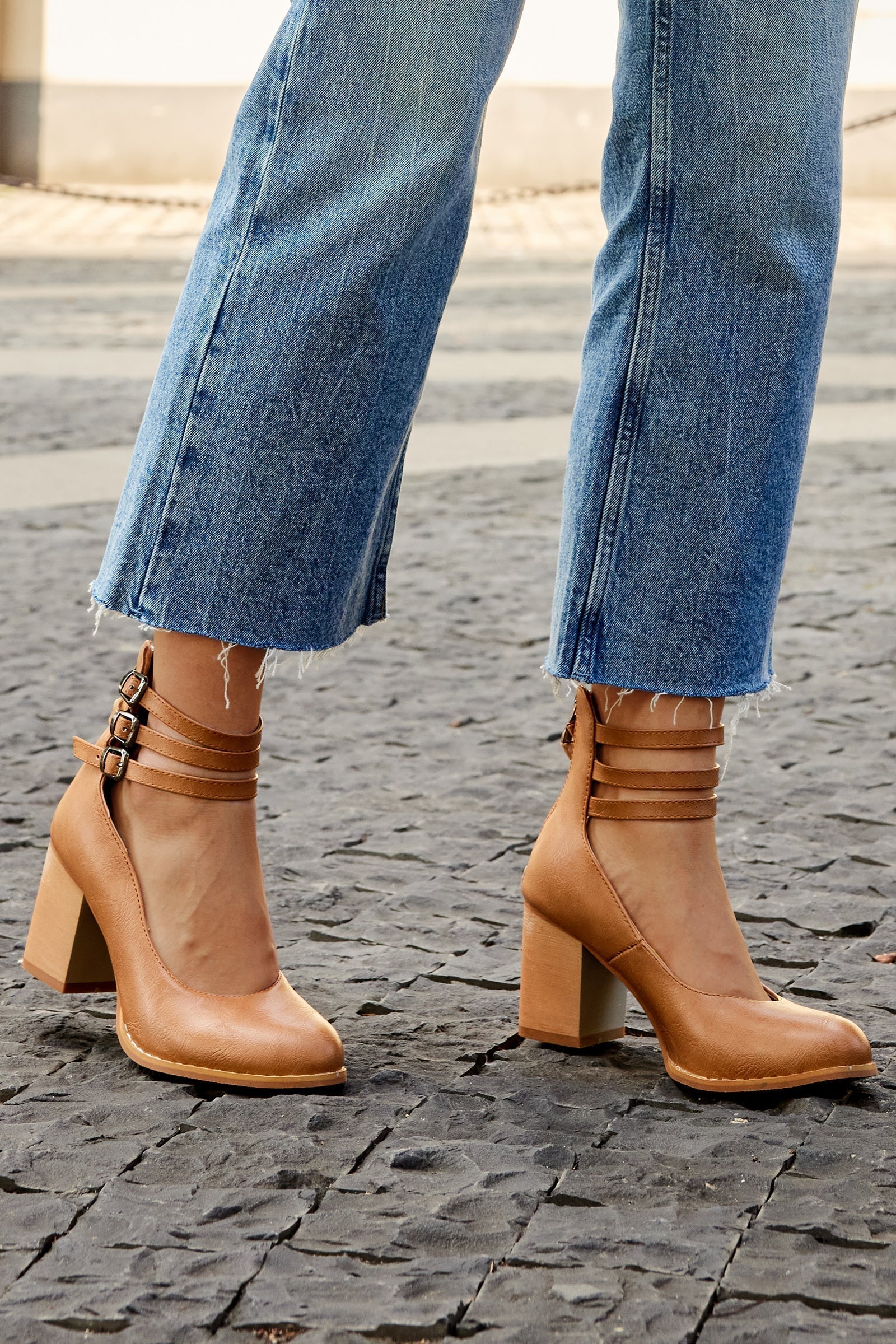 Mathilde Renoncourt | Tan Block Heel with Double Ankle Strap