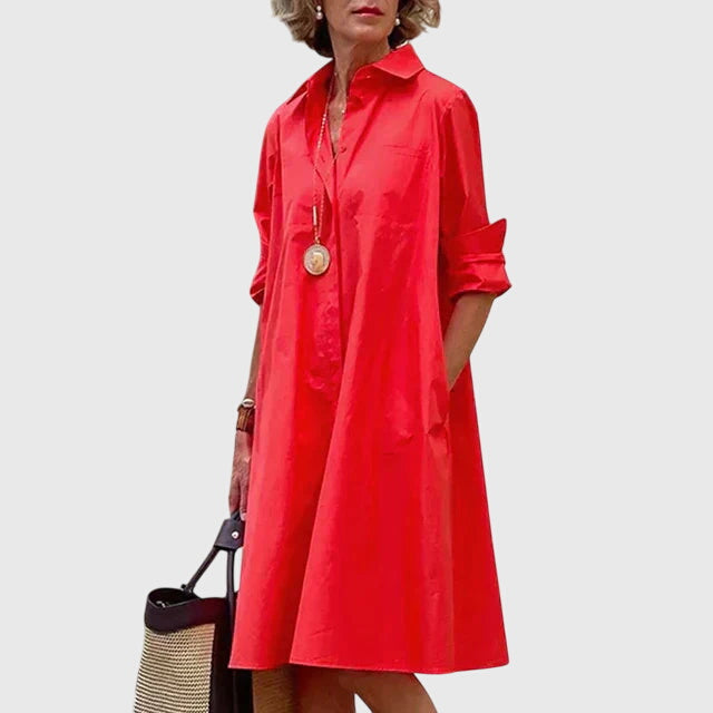Genevra Whitfield | Red Midi Shirt Dress with Pockets
