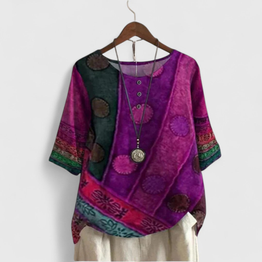 Rosalind Devereaux | Bohemian Patchwork Print Short-Sleeve Top