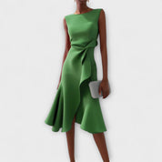 Celestine Beauvray | Red Sleeveless Asymmetric Draped Midi Dress