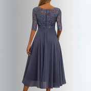 Vivienne Stonehart | Elegant Blue Lace Midi Dress with Chiffon Skirt