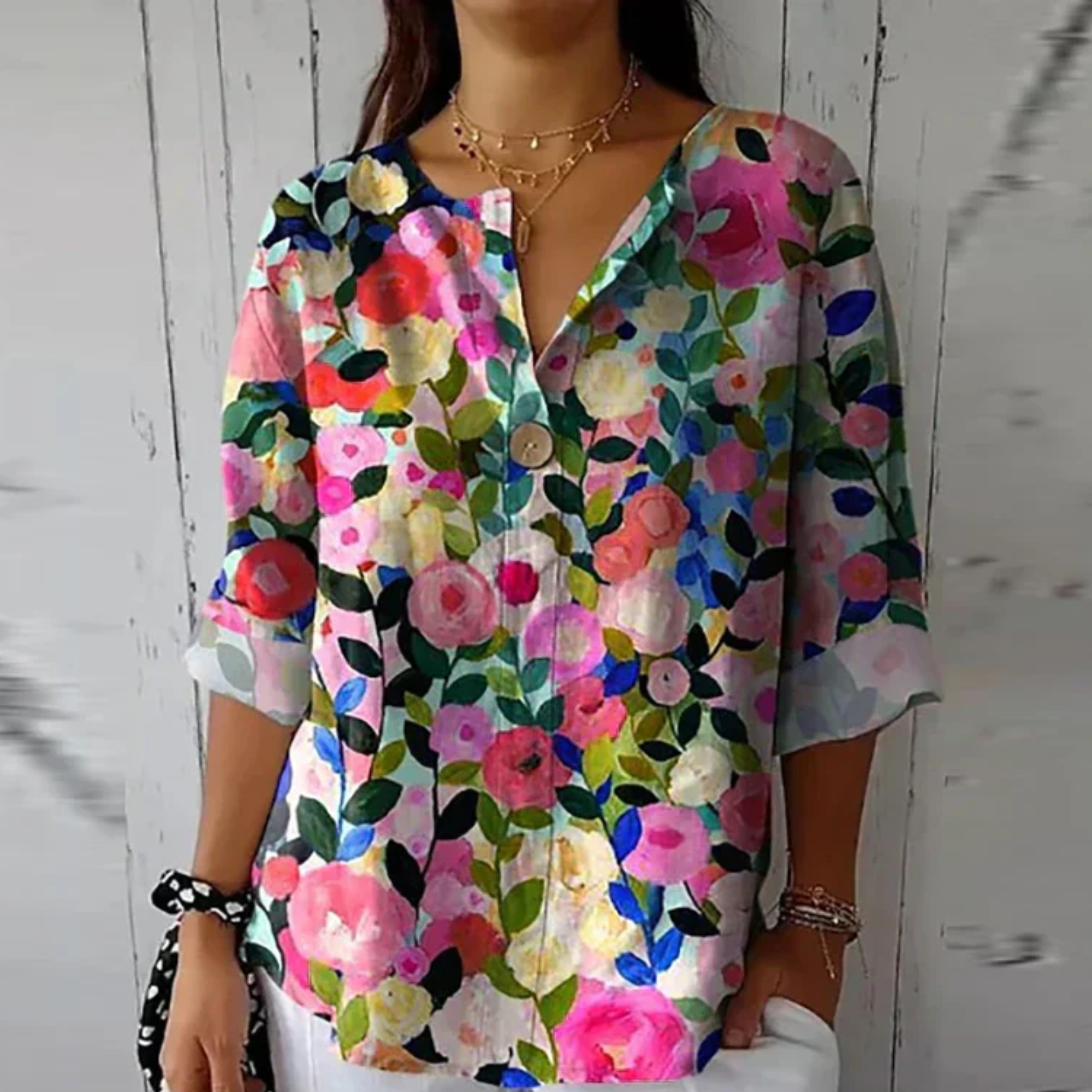 Francine Westerbrook | Floral Print V-Neck Blouse with 3/4 Sleeves