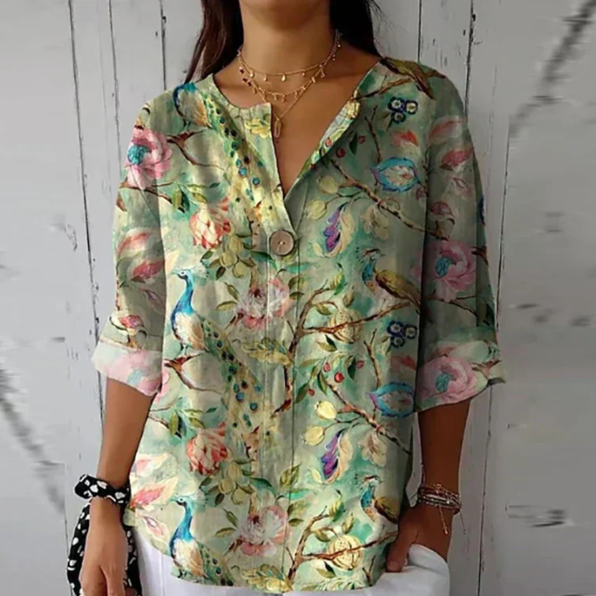 Francine Westerbrook | Floral Print V-Neck Blouse with 3/4 Sleeves