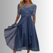 Vivienne Stonehart | Elegant Blue Lace Midi Dress with Chiffon Skirt