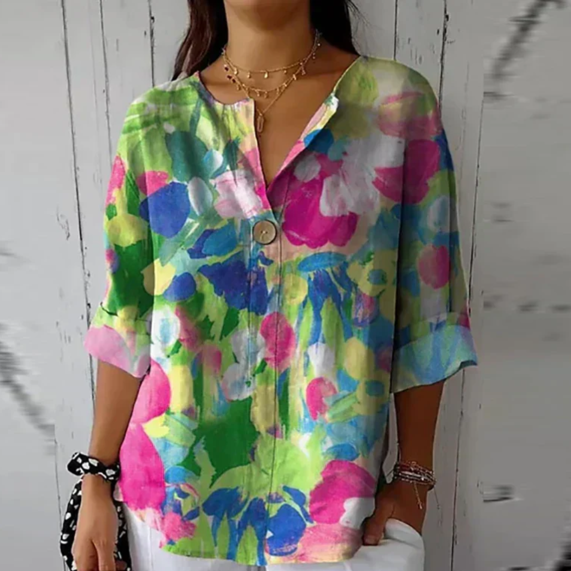 Francine Westerbrook | Floral Print V-Neck Blouse with 3/4 Sleeves