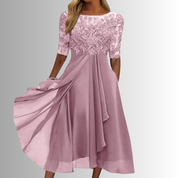 Vivienne Stonehart | Elegant Blue Lace Midi Dress with Chiffon Skirt