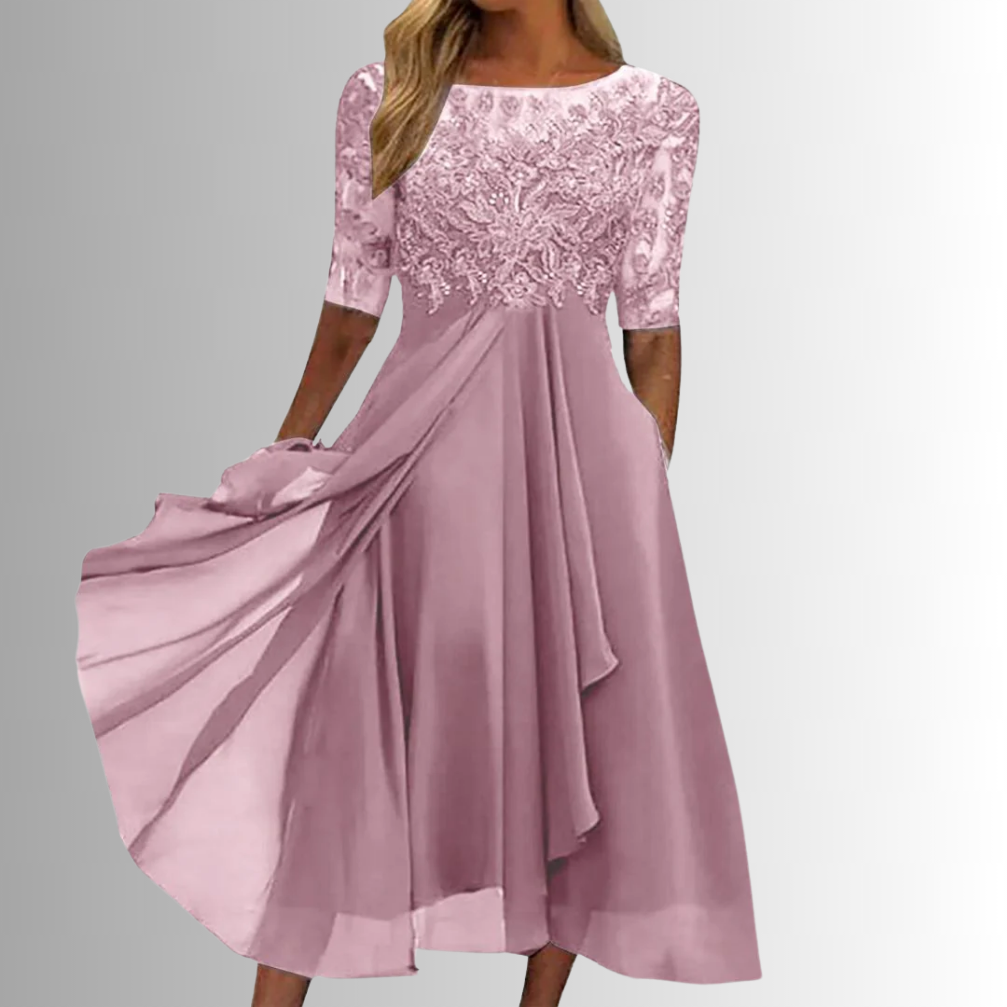 Vivienne Stonehart | Elegant Blue Lace Midi Dress with Chiffon Skirt