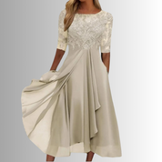 Vivienne Stonehart | Elegant Blue Lace Midi Dress with Chiffon Skirt