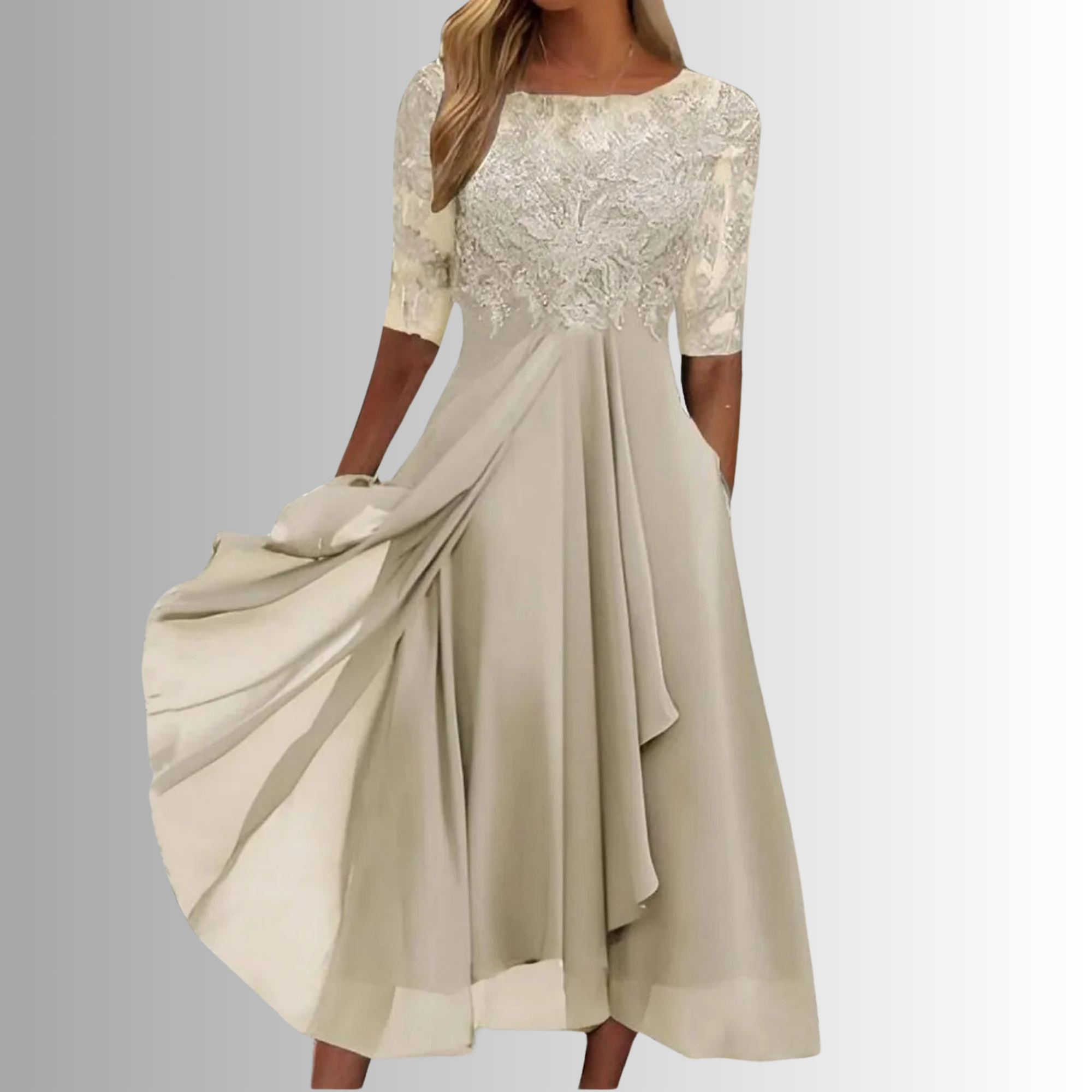 Vivienne Stonehart | Elegant Blue Lace Midi Dress with Chiffon Skirt