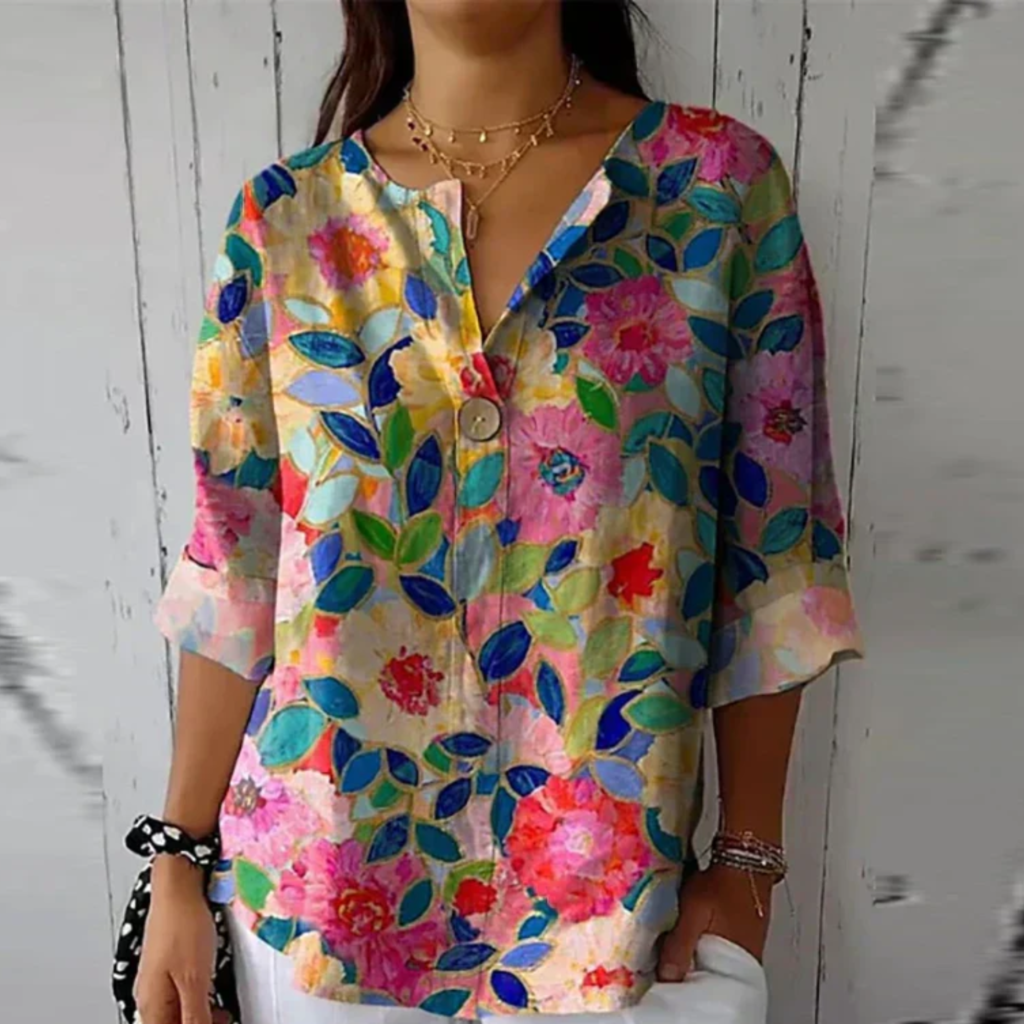 Francine Westerbrook | Floral Print V-Neck Blouse with 3/4 Sleeves