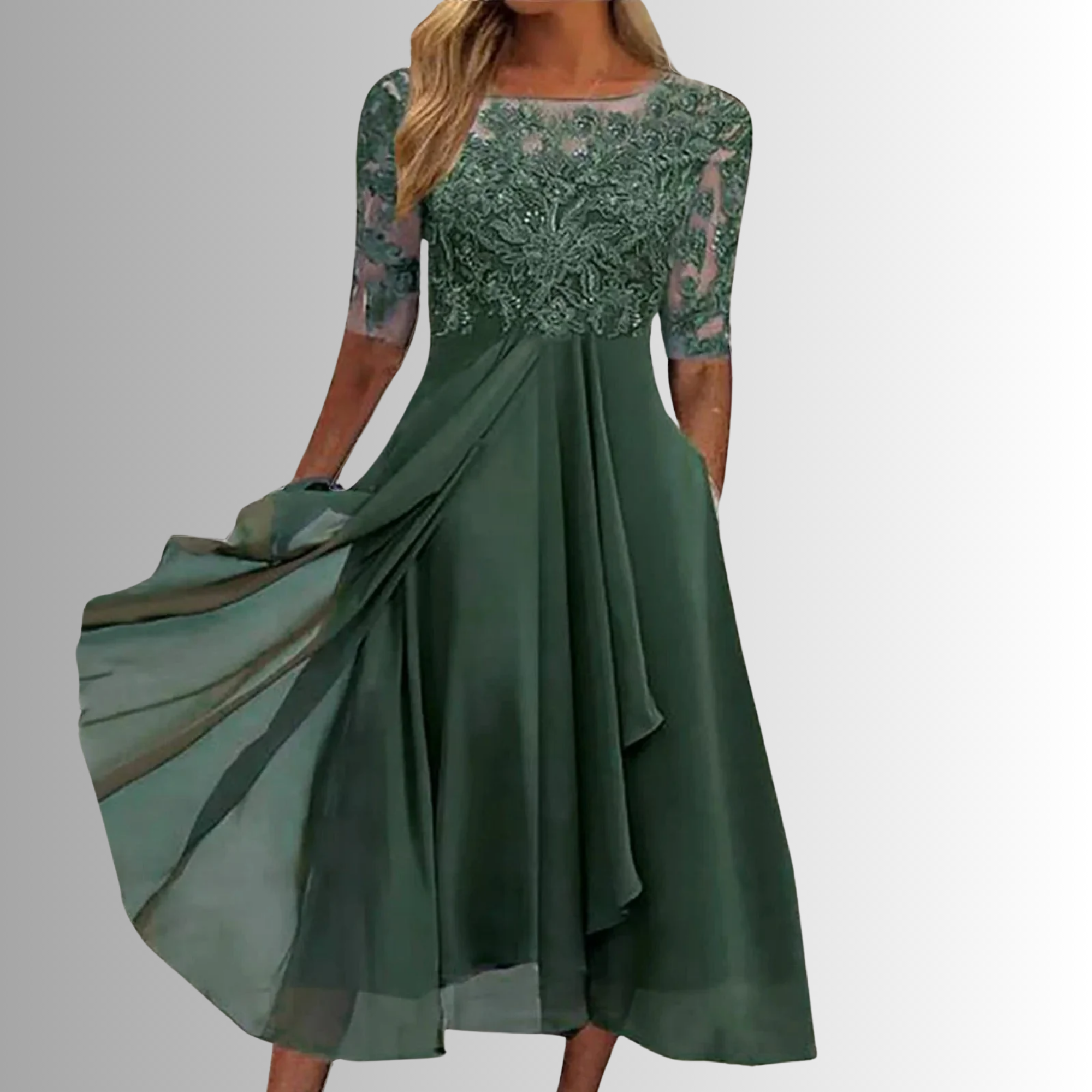 Vivienne Stonehart | Elegant Blue Lace Midi Dress with Chiffon Skirt